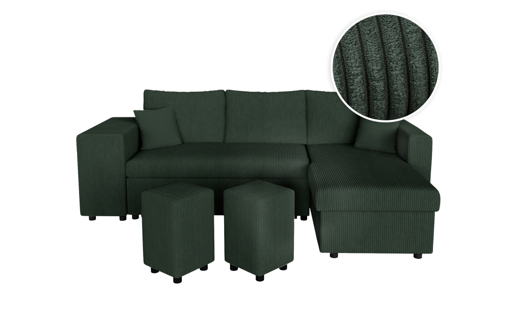 Canapé d'angle réversible convertible OSLO avec coffre et 2 poufs en velours côtelé