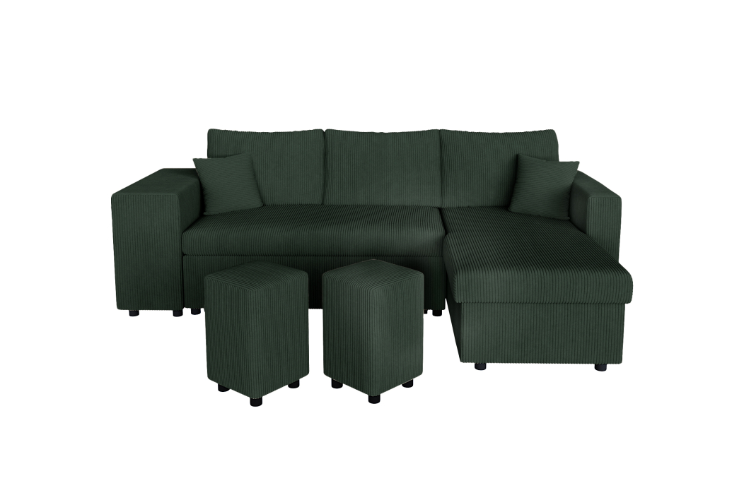 Canapé d'angle réversible convertible OSLO avec coffre et 2 poufs en velours côtelé