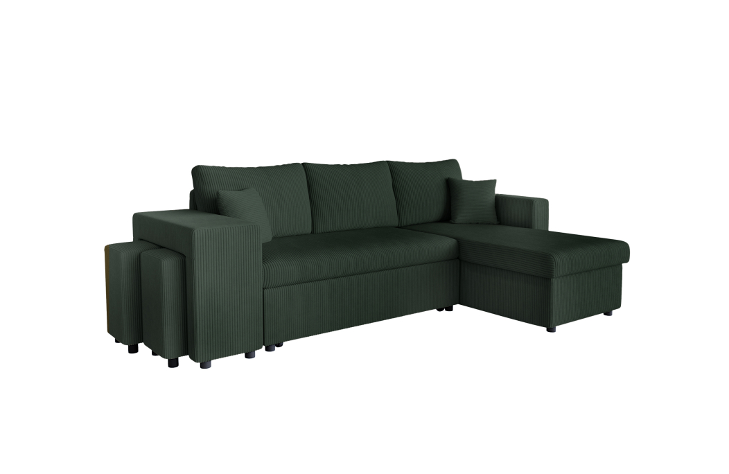 Canapé d'angle réversible convertible OSLO avec coffre et 2 poufs en velours côtelé