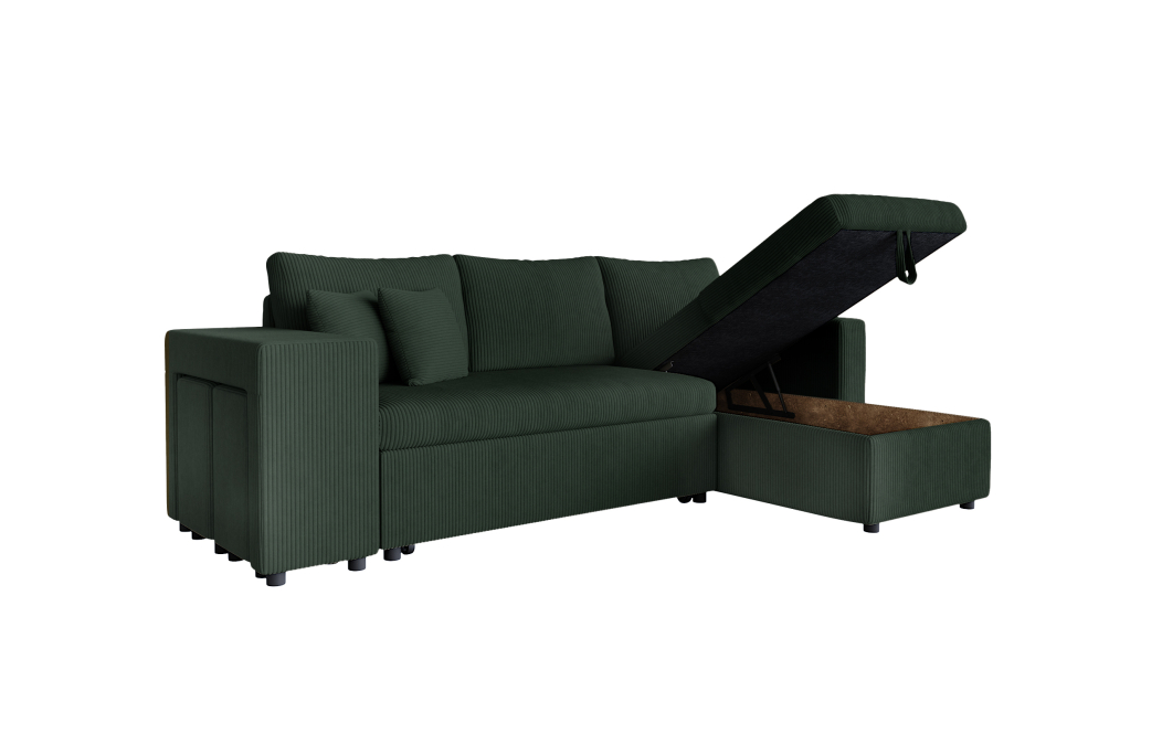 Canapé d'angle réversible convertible OSLO avec coffre et 2 poufs en velours côtelé
