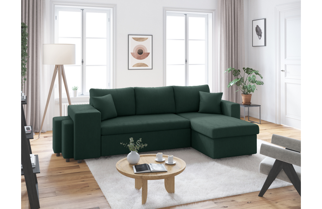 Canapé d'angle réversible convertible OSLO avec coffre et 2 poufs en velours côtelé