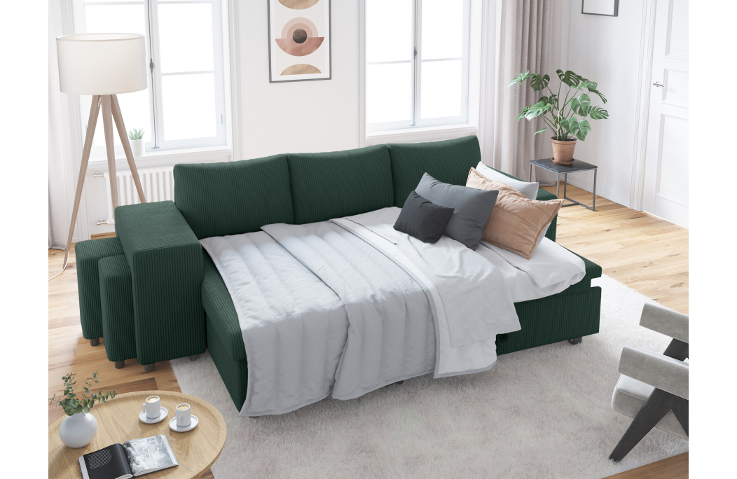 Canapé d'angle réversible convertible OSLO avec coffre et 2 poufs en velours côtelé
