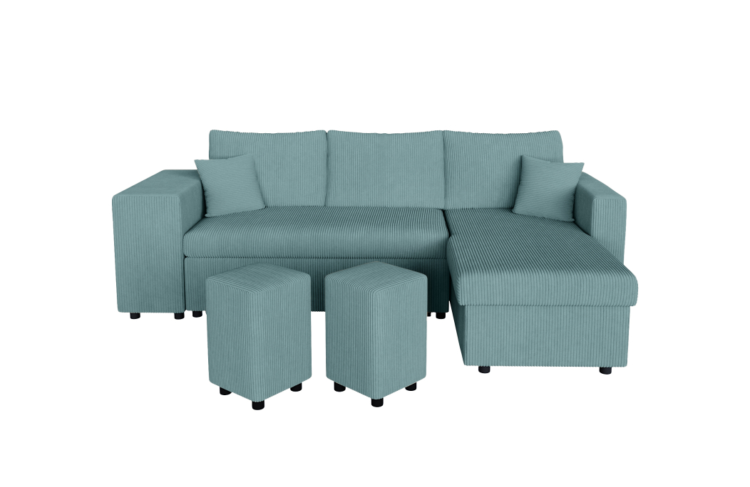 Canapé d'angle réversible convertible OSLO avec coffre et 2 poufs en velours côtelé