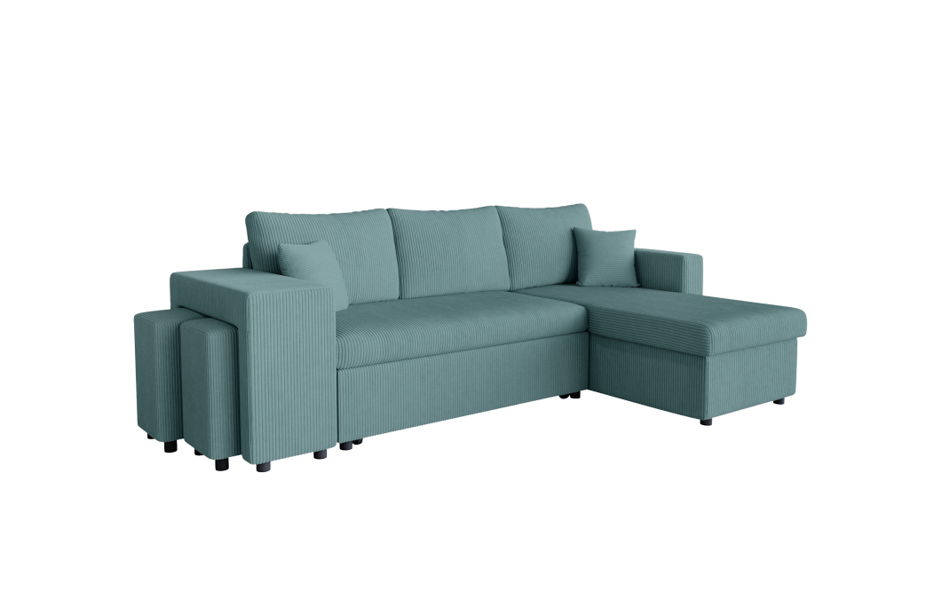 Canapé d'angle réversible convertible OSLO avec coffre et 2 poufs en velours côtelé