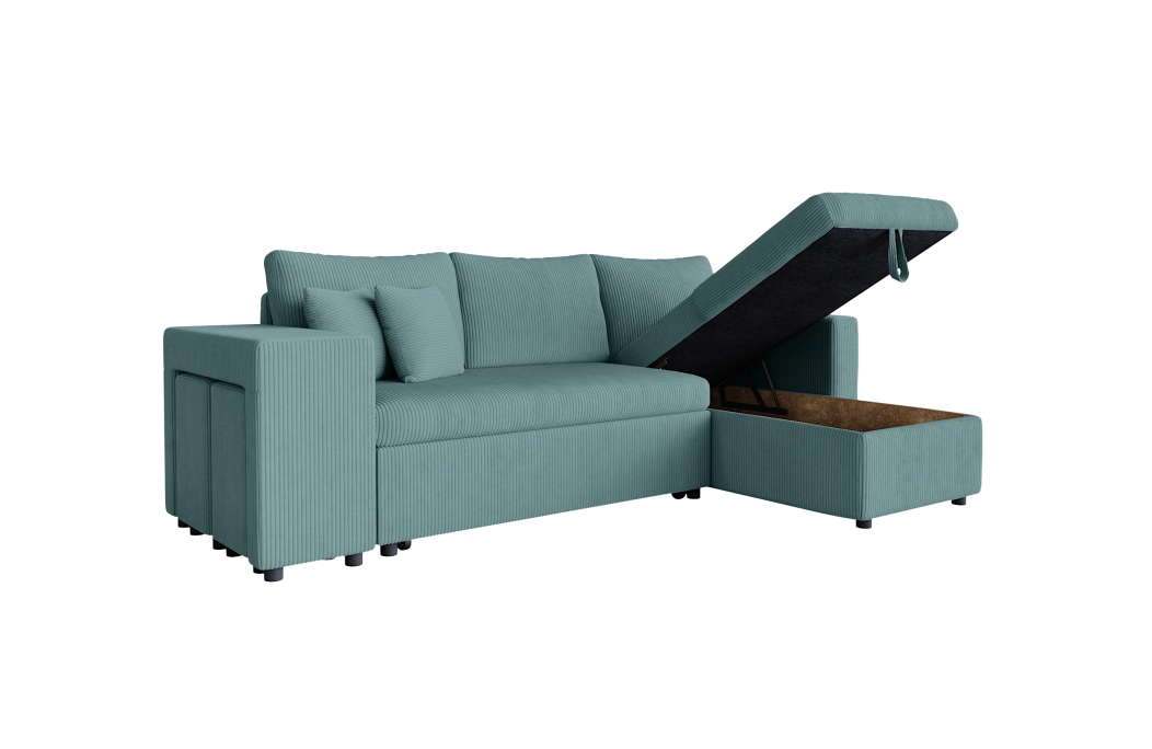 Canapé d'angle réversible convertible OSLO avec coffre et 2 poufs en velours côtelé