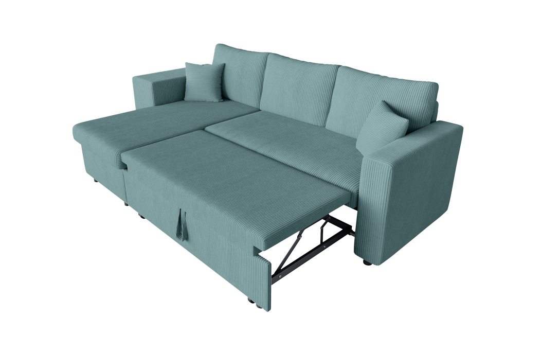 Canapé d'angle réversible convertible OSLO avec coffre et 2 poufs en velours côtelé