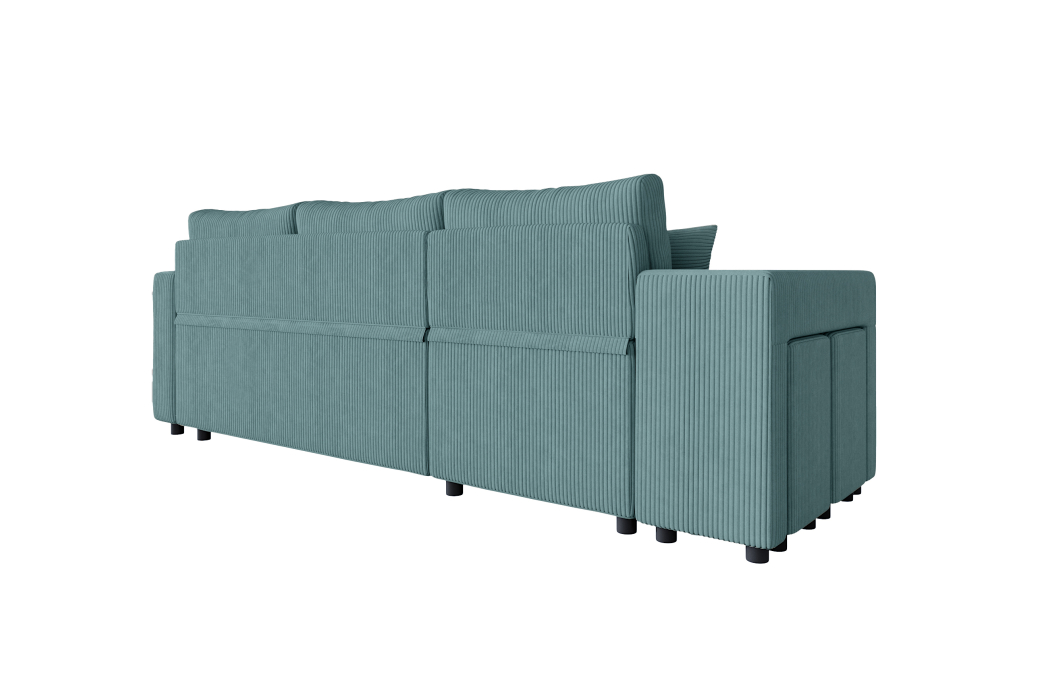 Canapé d'angle réversible convertible OSLO avec coffre et 2 poufs en velours côtelé