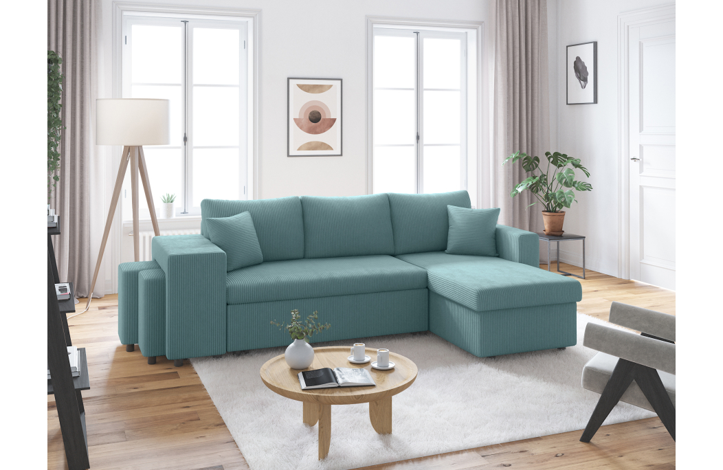 Canapé d'angle réversible convertible OSLO avec coffre et 2 poufs en velours côtelé