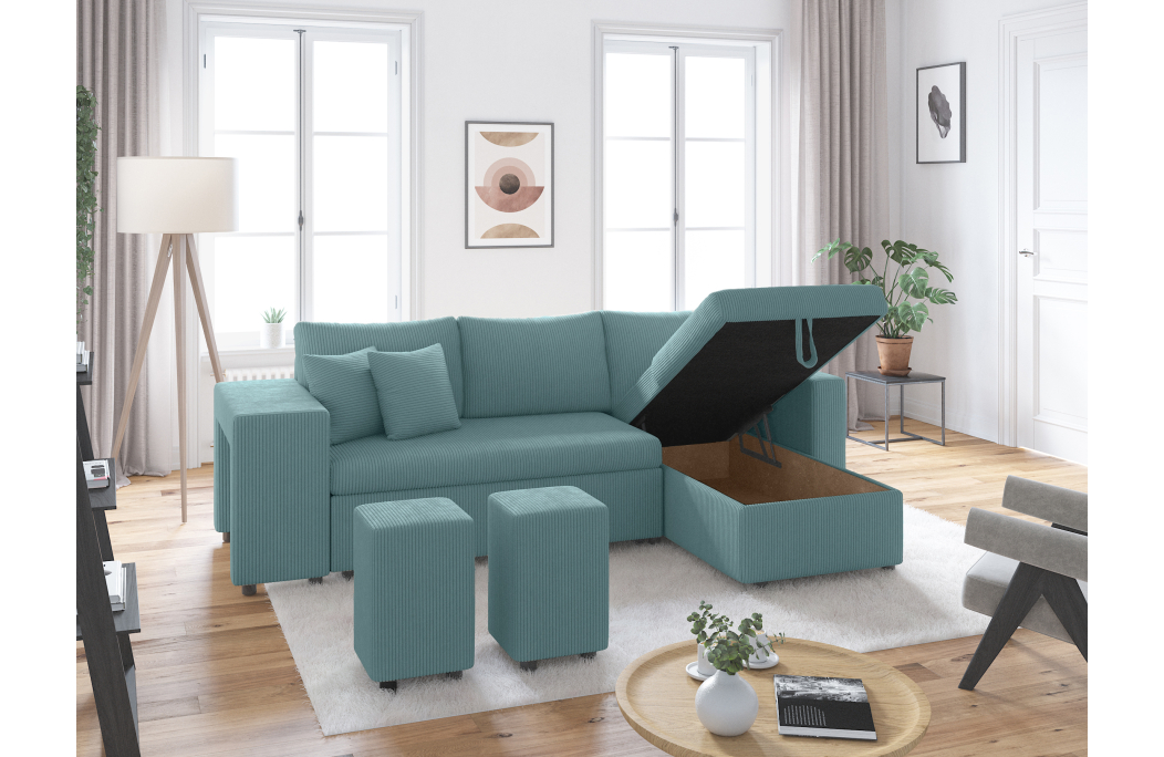 Canapé d'angle réversible convertible OSLO avec coffre et 2 poufs en velours côtelé