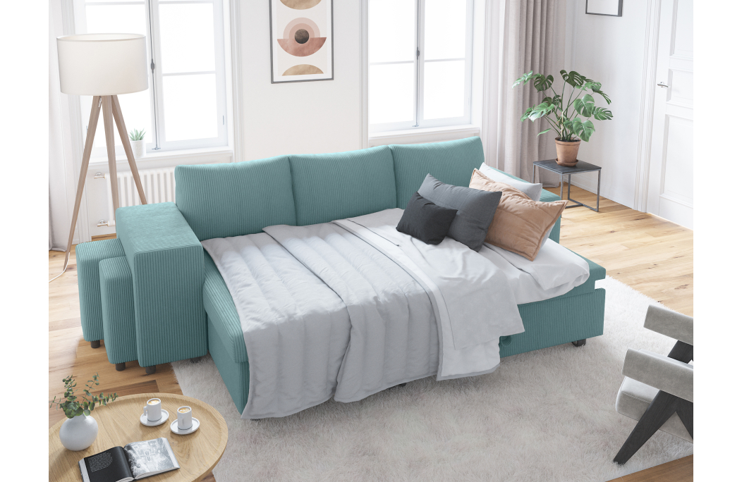 Canapé d'angle réversible convertible OSLO avec coffre et 2 poufs en velours côtelé