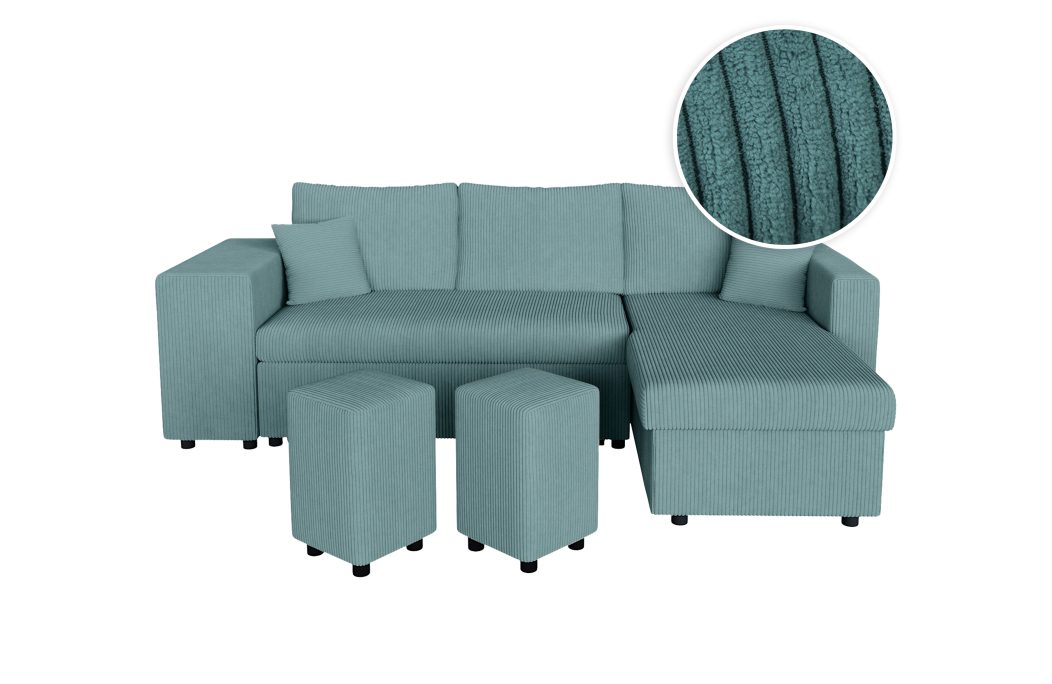 Canapé d'angle réversible convertible OSLO avec coffre et 2 poufs en velours côtelé