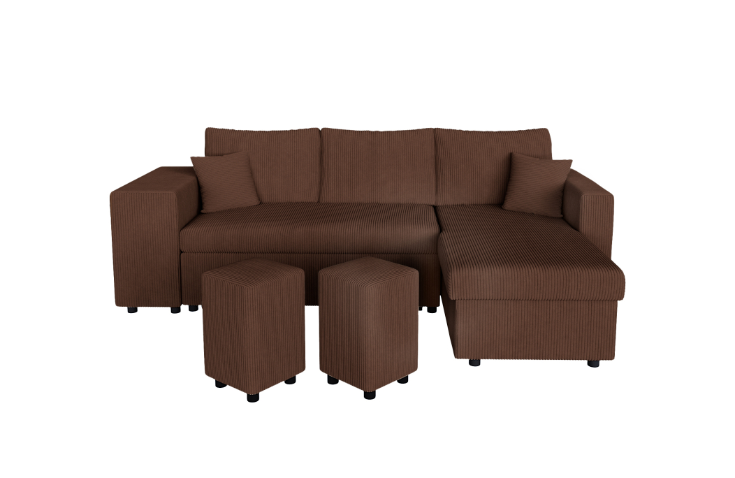 Canapé d'angle réversible convertible OSLO avec coffre et 2 poufs en velours côtelé
