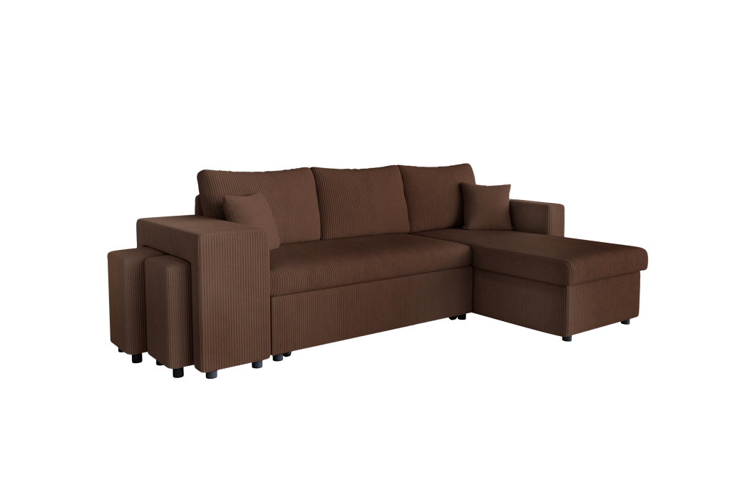 Canapé d'angle réversible convertible OSLO avec coffre et 2 poufs en velours côtelé