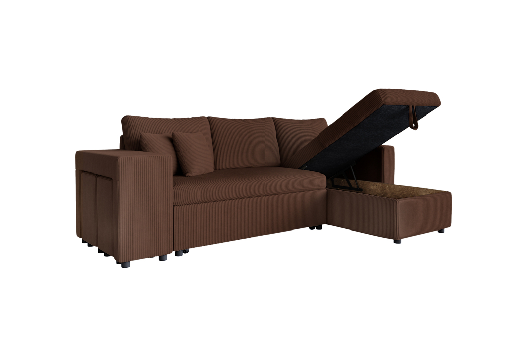 Canapé d'angle réversible convertible OSLO avec coffre et 2 poufs en velours côtelé