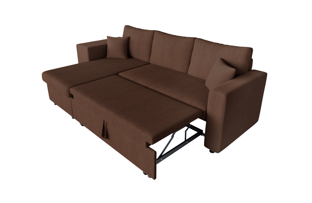 Canapé d'angle réversible convertible OSLO avec coffre et 2 poufs en velours côtelé