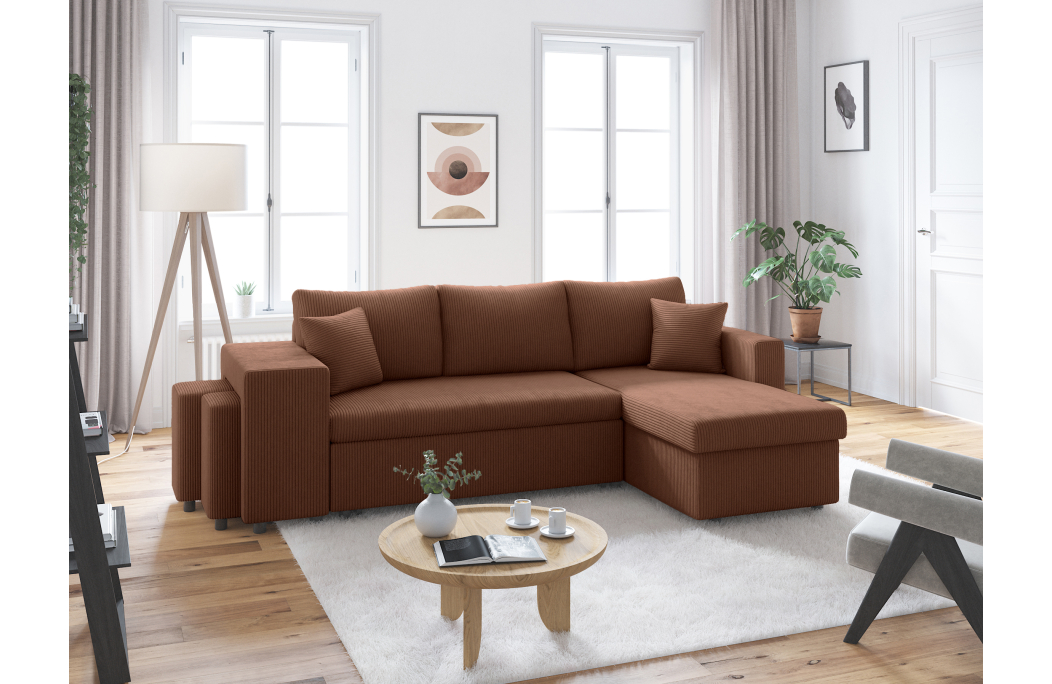 Canapé d'angle réversible convertible OSLO avec coffre et 2 poufs en velours côtelé