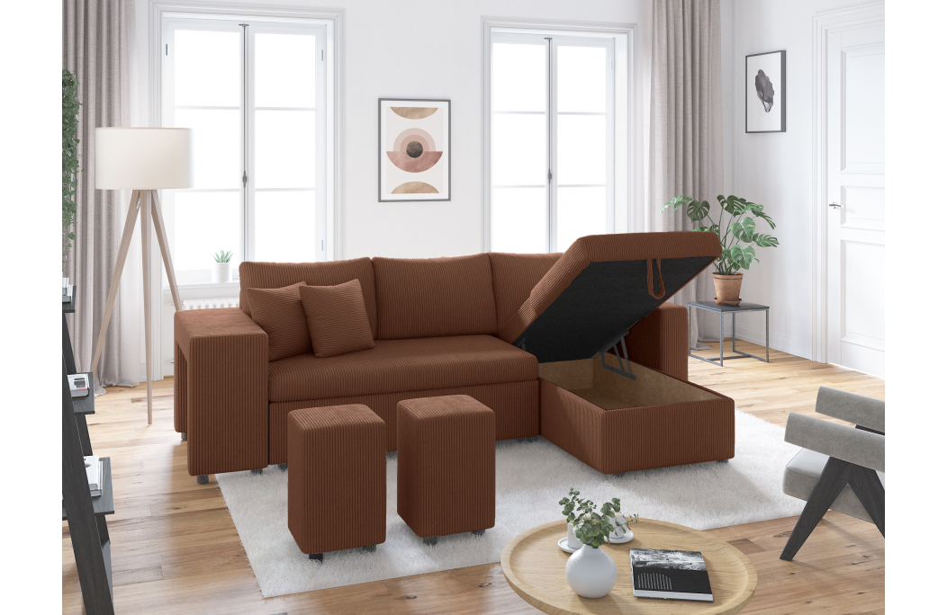 Canapé d'angle réversible convertible OSLO avec coffre et 2 poufs en velours côtelé