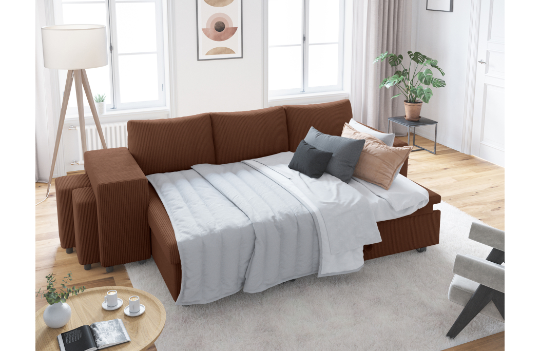 Canapé d'angle réversible convertible OSLO avec coffre et 2 poufs en velours côtelé