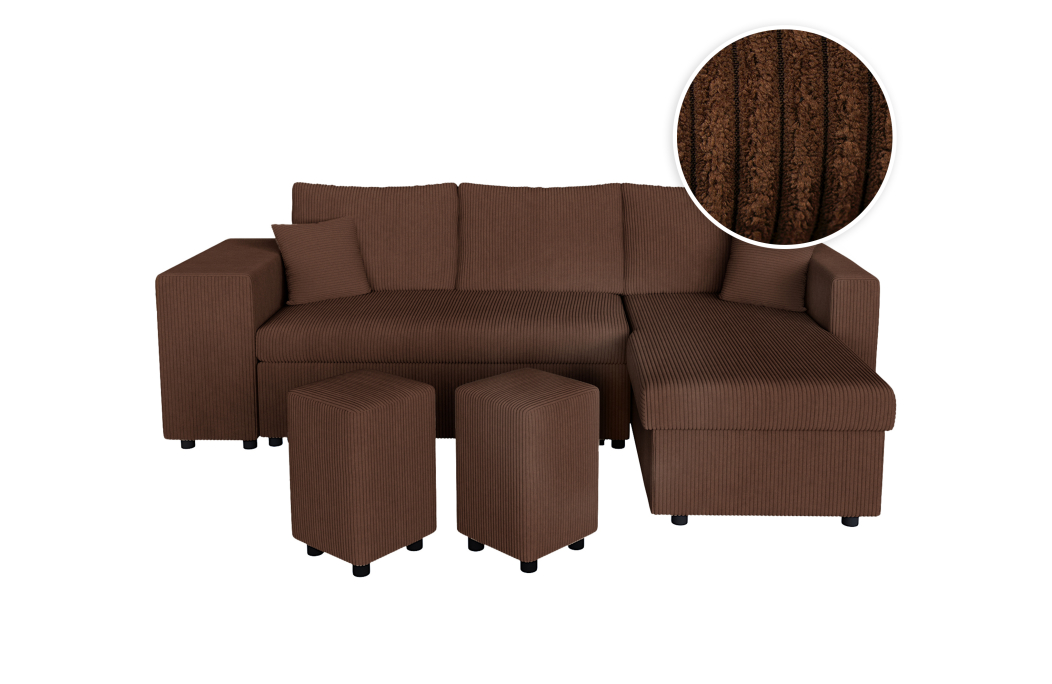 Canapé d'angle réversible convertible OSLO avec coffre et 2 poufs en velours côtelé