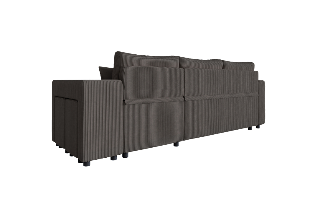 Canapé d'angle réversible convertible OSLO avec coffre et 2 poufs en velours côtelé