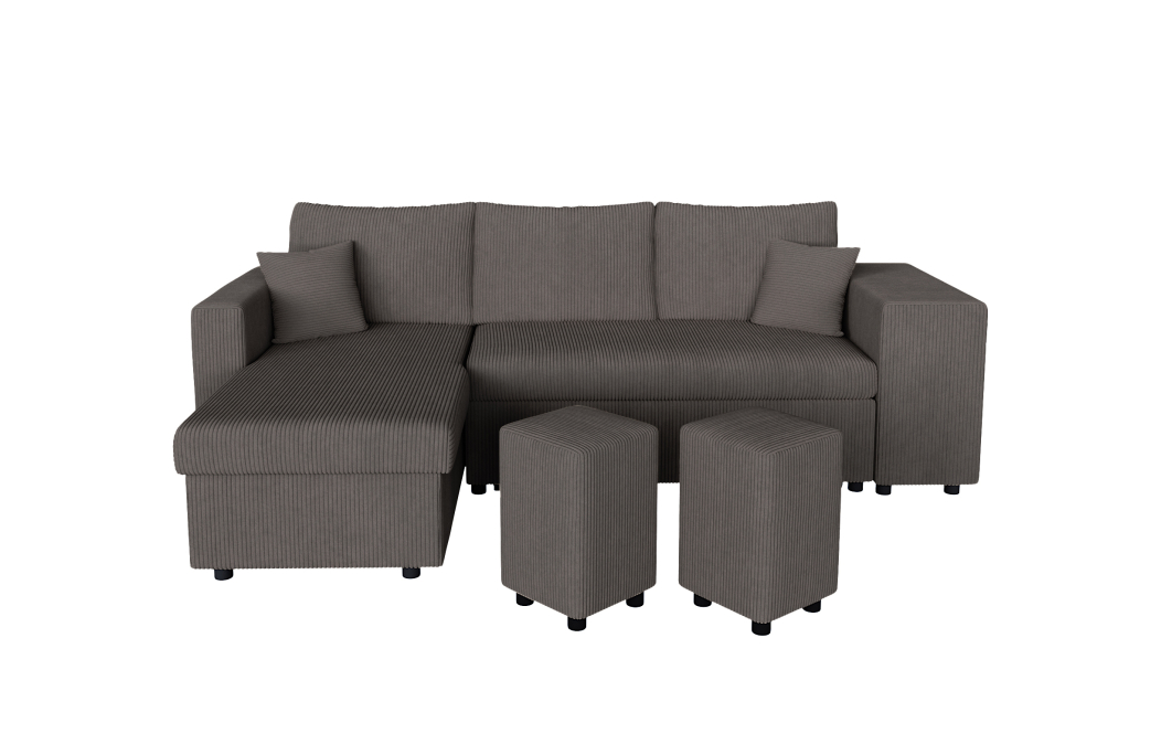 Canapé d'angle réversible convertible OSLO avec coffre et 2 poufs en velours côtelé