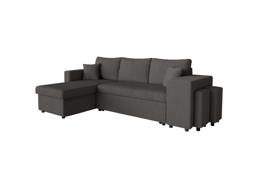 Canapé d'angle réversible convertible OSLO avec coffre et 2 poufs en velours côtelé