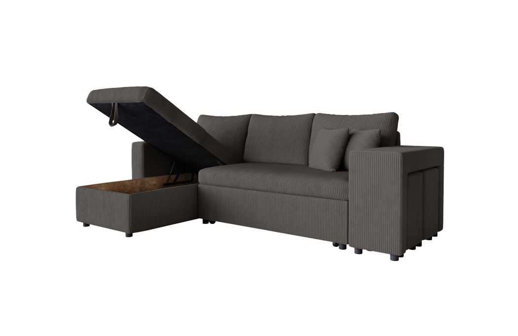 Canapé d'angle réversible convertible OSLO avec coffre et 2 poufs en velours côtelé