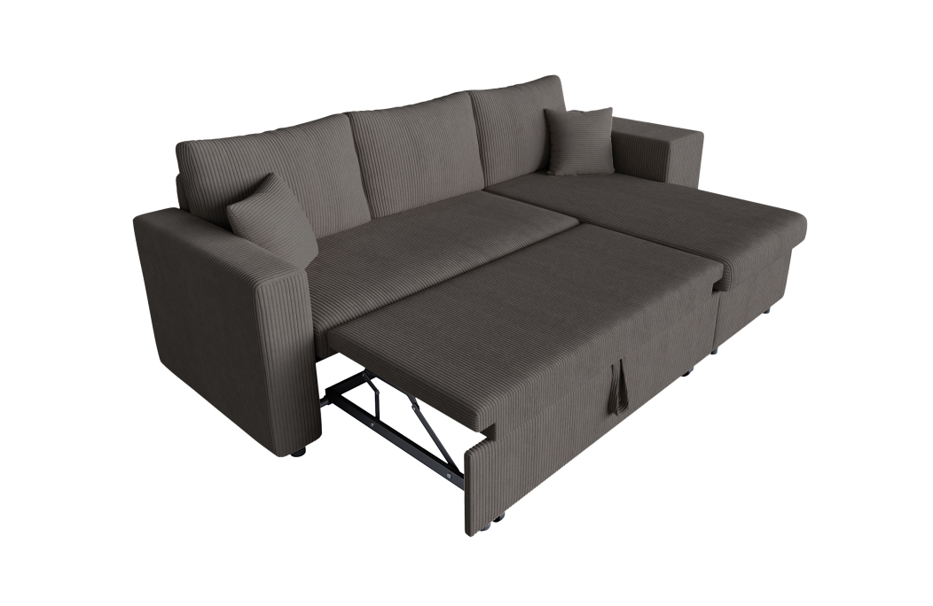Canapé d'angle réversible convertible OSLO avec coffre et 2 poufs en velours côtelé