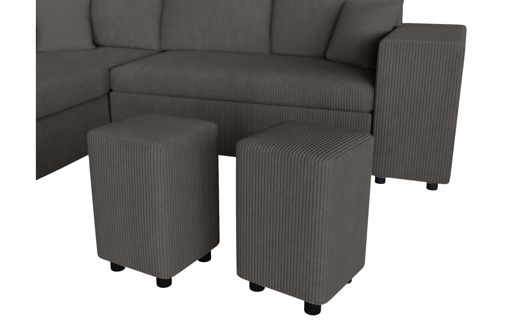 Canapé d'angle réversible convertible OSLO avec coffre et 2 poufs en velours côtelé