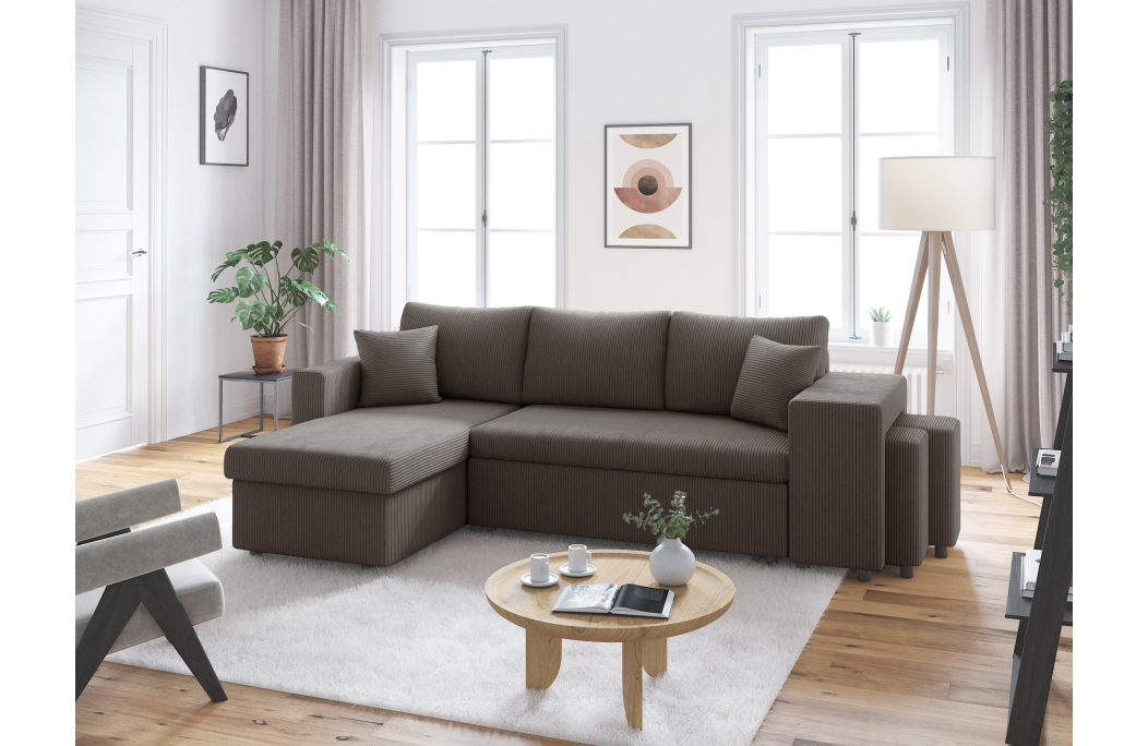 Canapé d'angle réversible convertible OSLO avec coffre et 2 poufs en velours côtelé