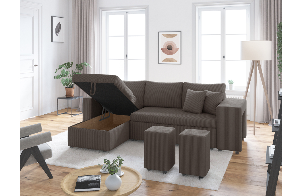 Canapé d'angle réversible convertible OSLO avec coffre et 2 poufs en velours côtelé