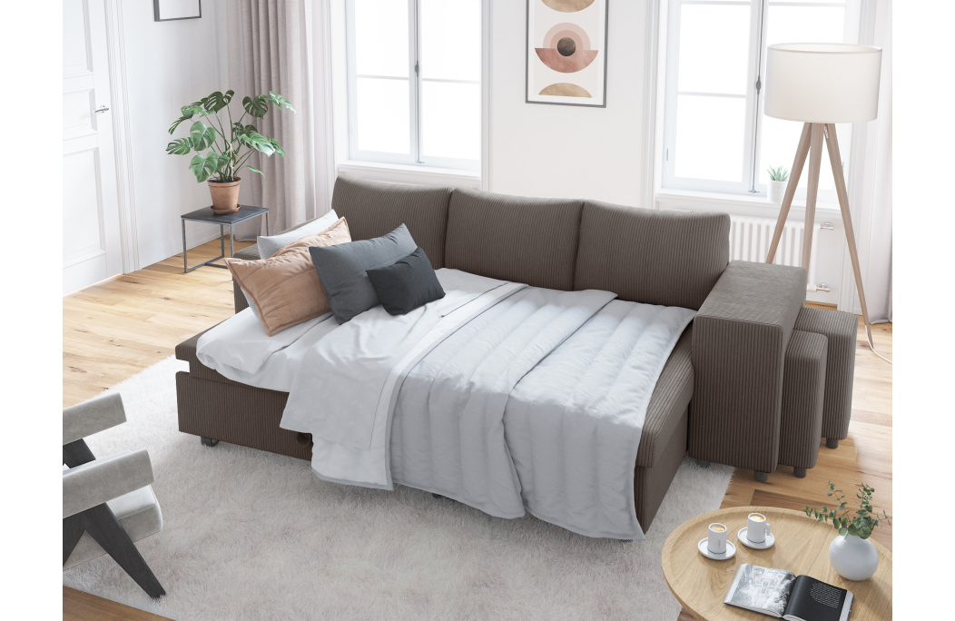 Canapé d'angle réversible convertible OSLO avec coffre et 2 poufs en velours côtelé