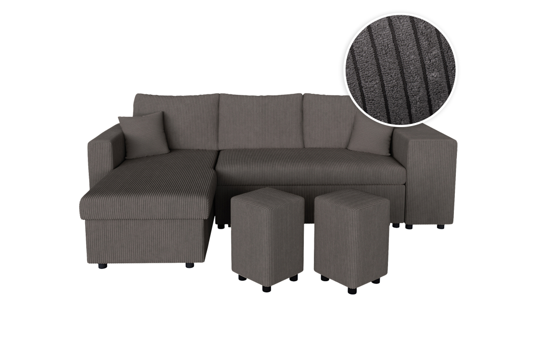 Canapé d'angle réversible convertible OSLO avec coffre et 2 poufs en velours côtelé