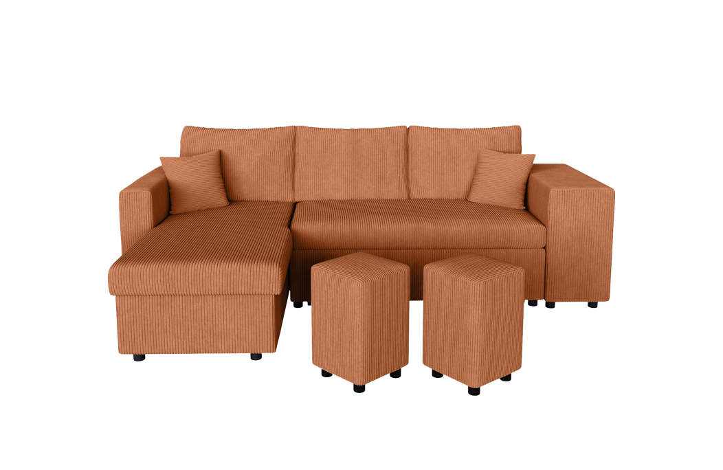 Canapé d'angle réversible convertible OSLO avec coffre et 2 poufs en velours côtelé