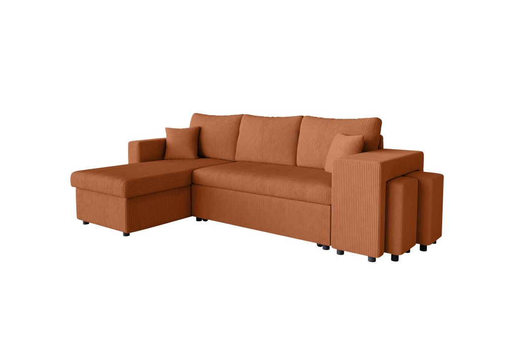 Canapé d'angle réversible convertible OSLO avec coffre et 2 poufs en velours côtelé
