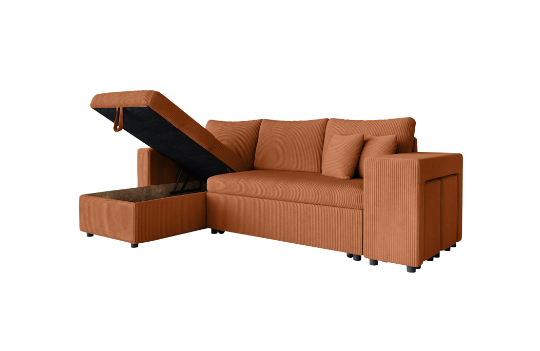 Canapé d'angle réversible convertible OSLO avec coffre et 2 poufs en velours côtelé