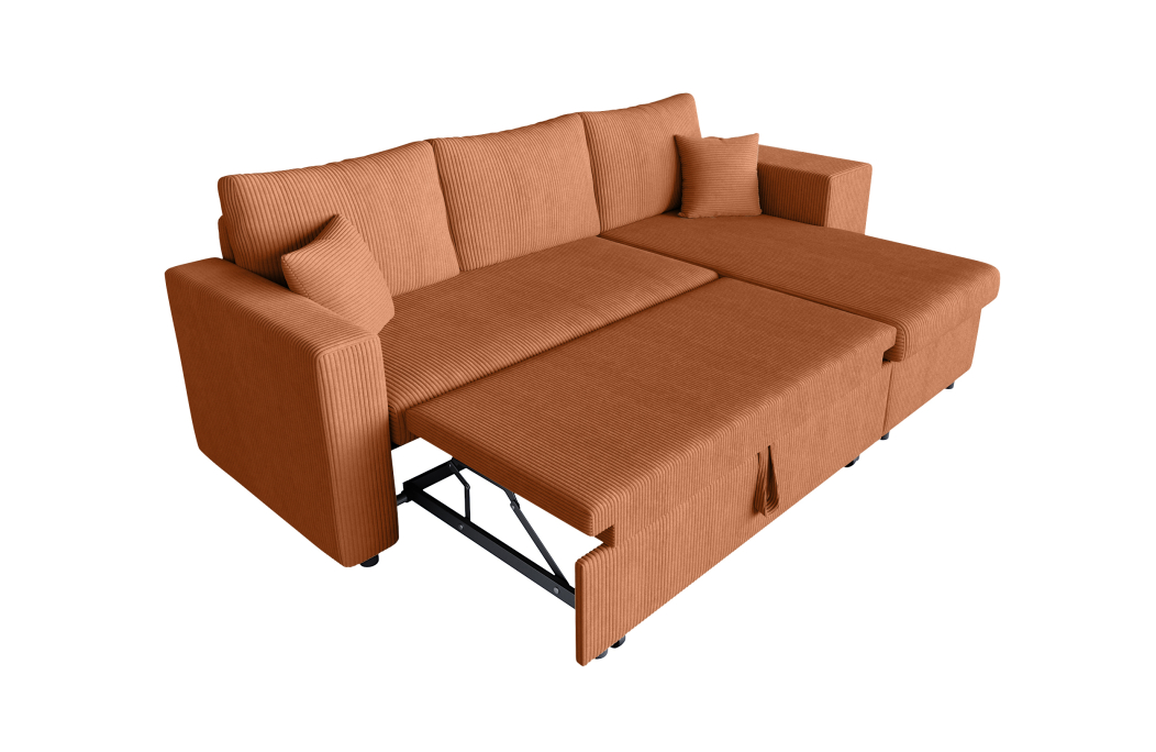 Canapé d'angle réversible convertible OSLO avec coffre et 2 poufs en velours côtelé