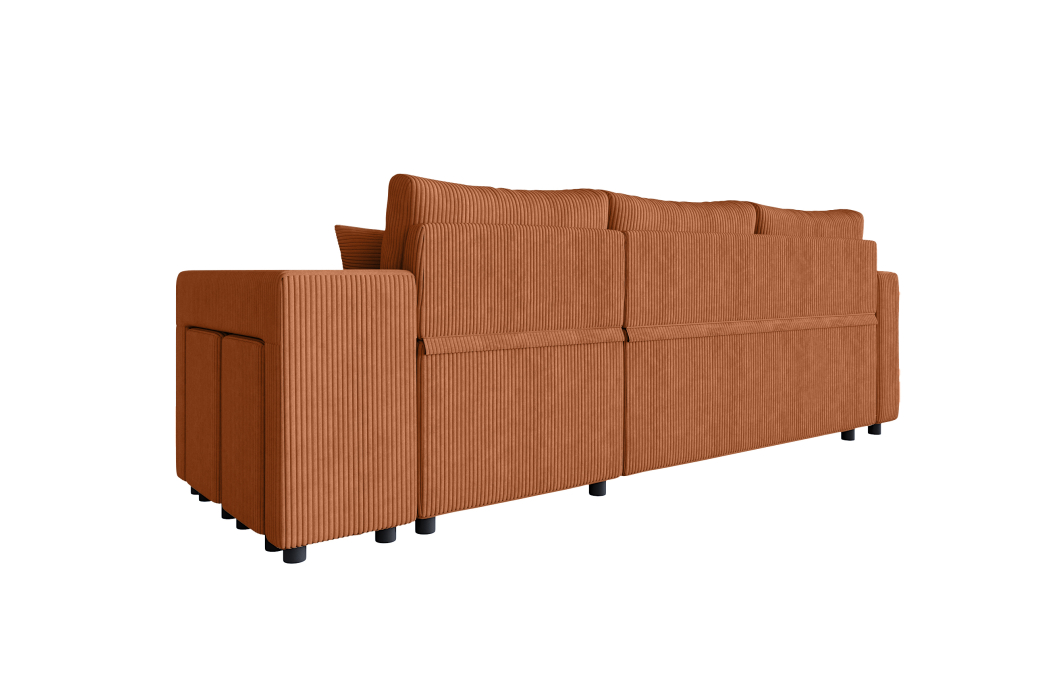 Canapé d'angle réversible convertible OSLO avec coffre et 2 poufs en velours côtelé