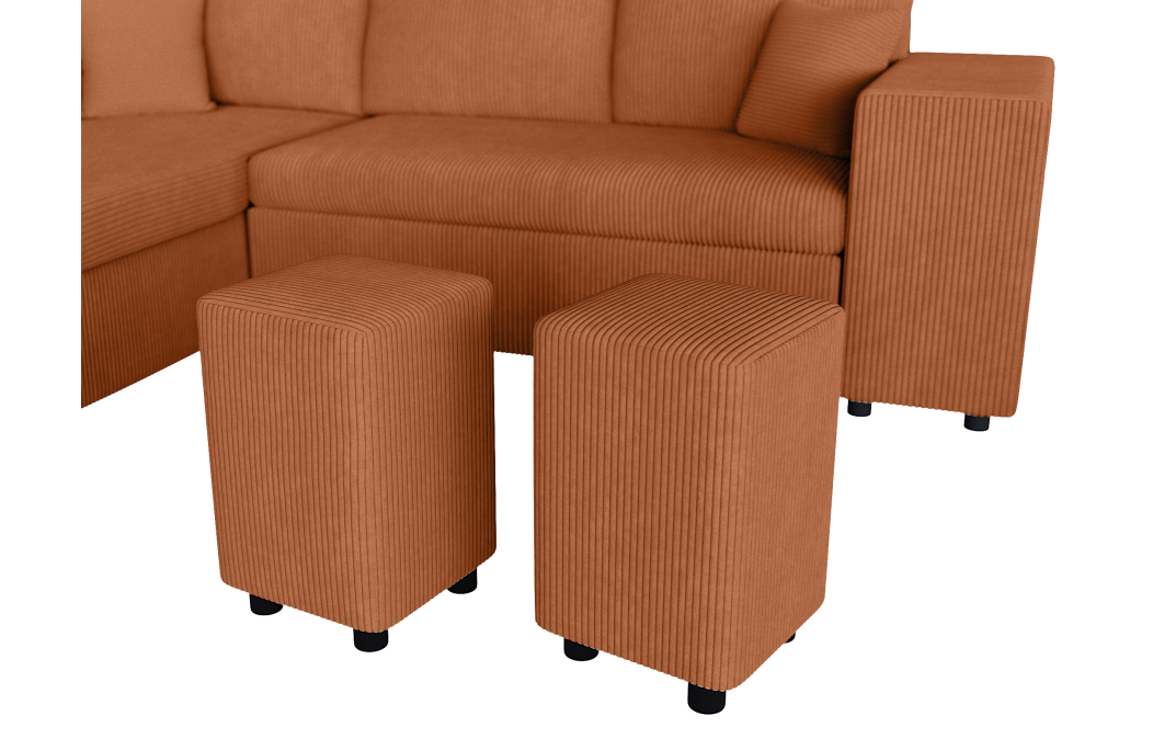 Canapé d'angle réversible convertible OSLO avec coffre et 2 poufs en velours côtelé