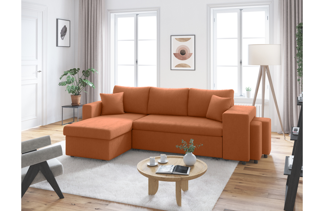 Canapé d'angle réversible convertible OSLO avec coffre et 2 poufs en velours côtelé