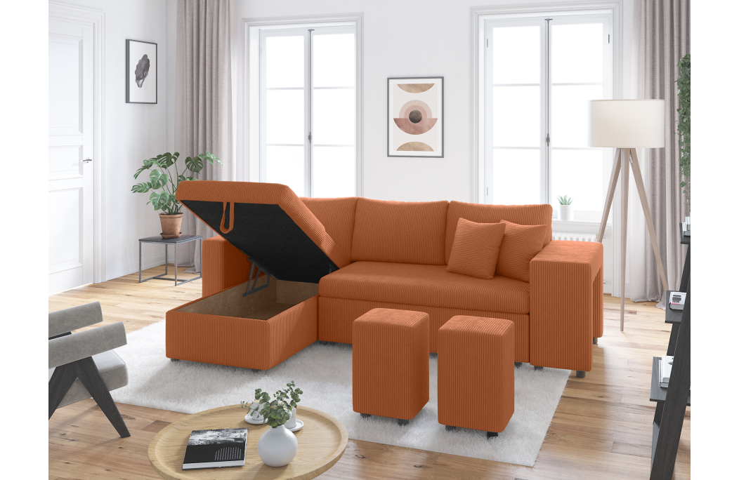 Canapé d'angle réversible convertible OSLO avec coffre et 2 poufs en velours côtelé