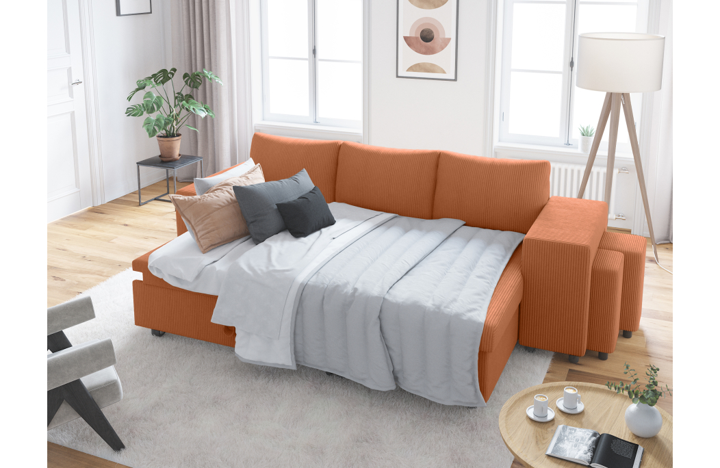 Canapé d'angle réversible convertible OSLO avec coffre et 2 poufs en velours côtelé