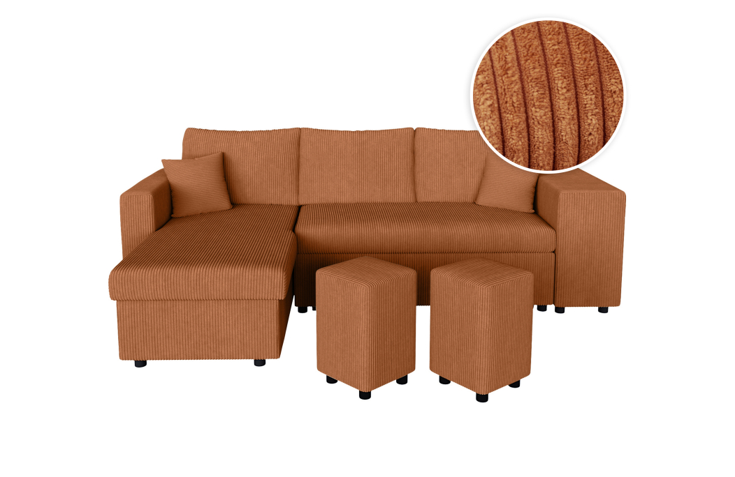 Canapé d'angle réversible convertible OSLO avec coffre et 2 poufs en velours côtelé