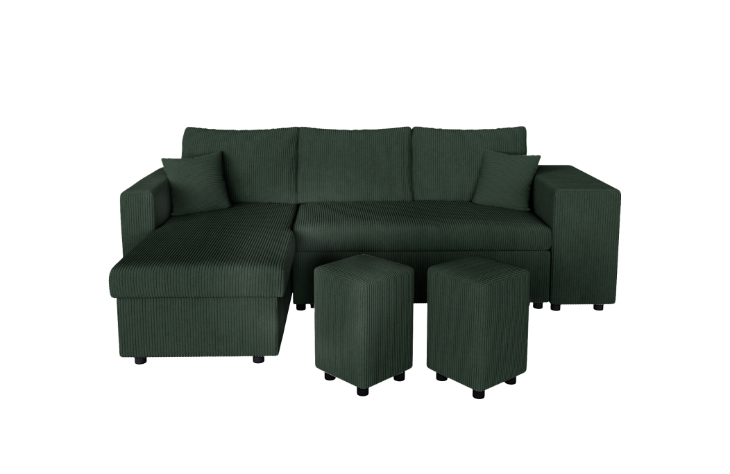 Canapé d'angle réversible convertible OSLO avec coffre et 2 poufs en velours côtelé