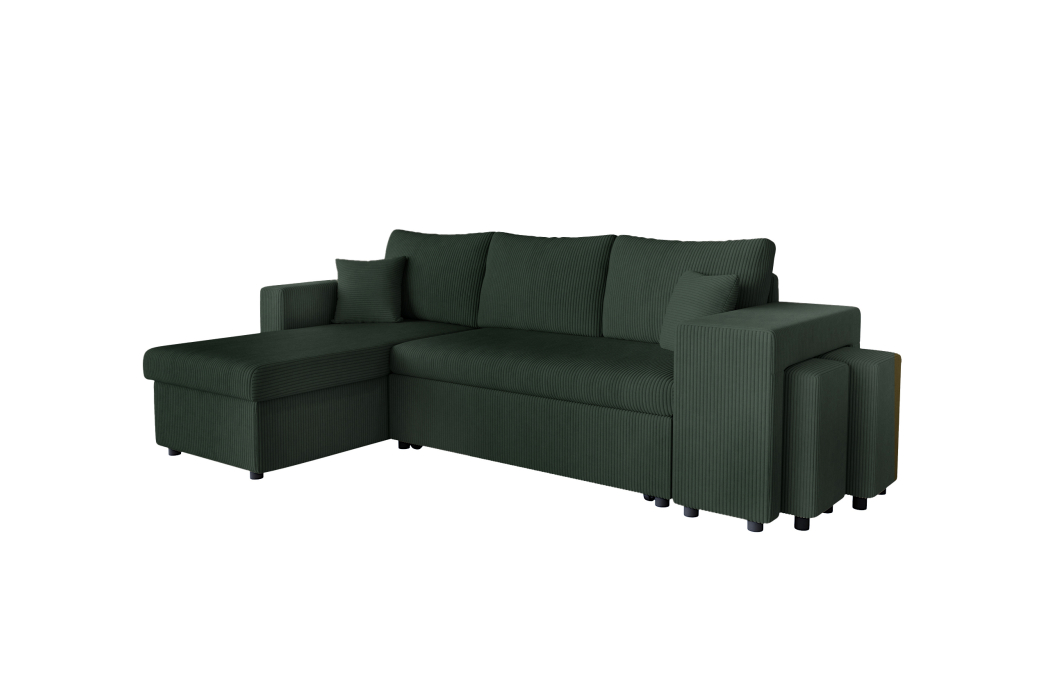 Canapé d'angle réversible convertible OSLO avec coffre et 2 poufs en velours côtelé