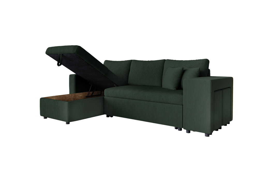 Canapé d'angle réversible convertible OSLO avec coffre et 2 poufs en velours côtelé