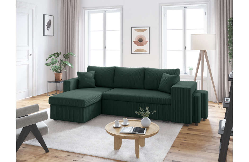Canapé d'angle réversible convertible OSLO avec coffre et 2 poufs en velours côtelé