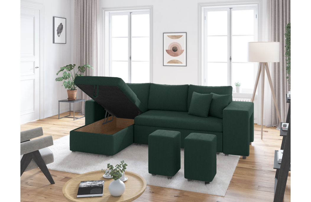 Canapé d'angle réversible convertible OSLO avec coffre et 2 poufs en velours côtelé
