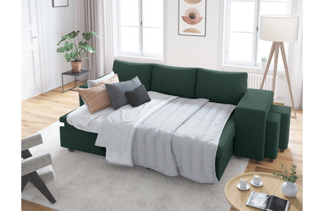 Canapé d'angle réversible convertible OSLO avec coffre et 2 poufs en velours côtelé