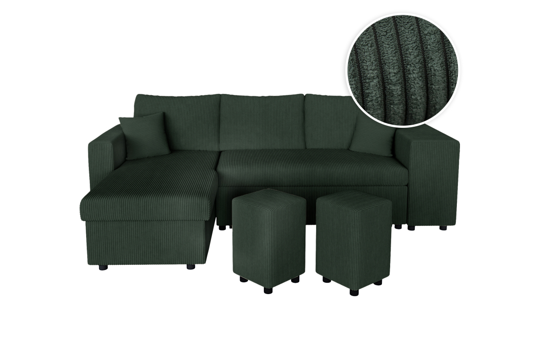 Canapé d'angle réversible convertible OSLO avec coffre et 2 poufs en velours côtelé